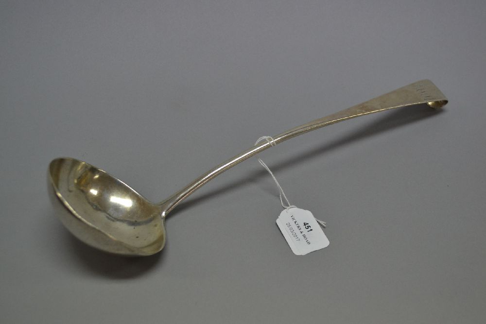 George II Irish large sterling silver soup ladle, with a curved hook terminal, marked Dublin 1750'