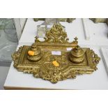 Antique French gilt painted spelter inkstand, 32cm H x 23cm