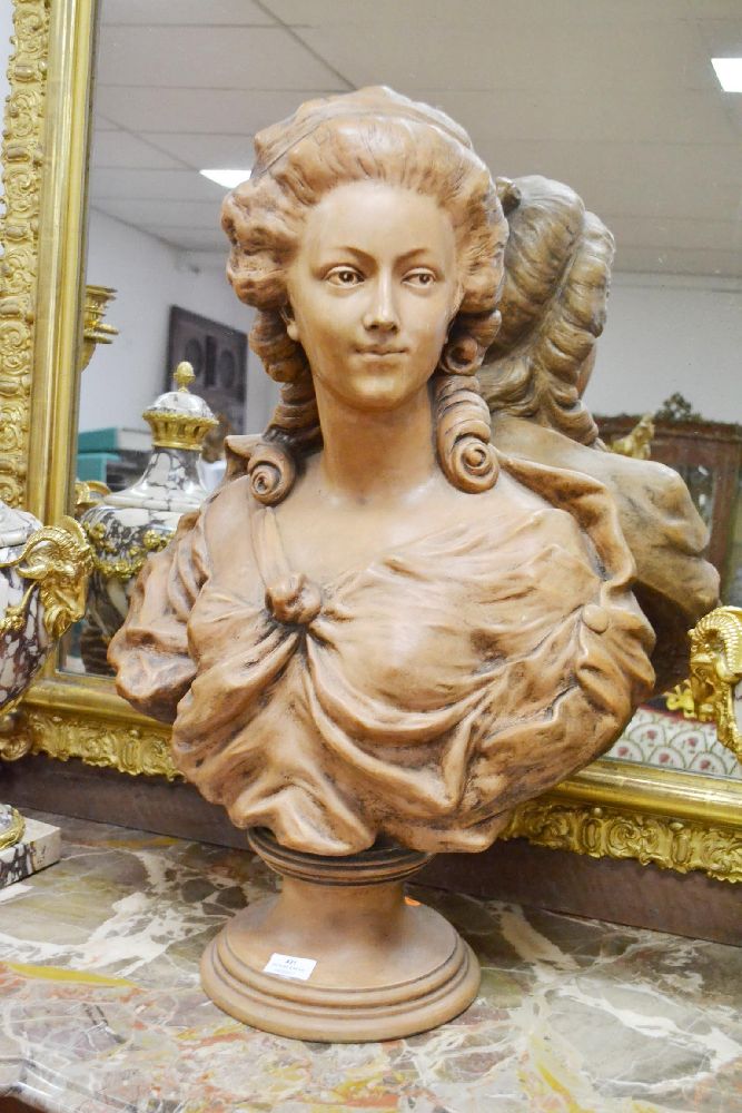 Large antique Goldscheider terracotta bust of a lady, impressed marks to back, numbers 3754/59