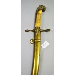 Scarce late 18th / early 19th century sword with scabbard. Embossed brass mounted ivory grip, curved