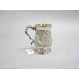 Hester Bateman (1708-1794) Georgian mug in sterling silver. Later chased with farming scene, with