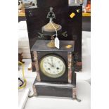 Antique French Napoleon III black slate & marble clock, has key (in office), no pendulum, approx