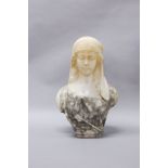 Antique French marble bust of a young woman, signed Pugs to back, approx 44cm H