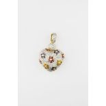 A large heart pendant encrusted with white diamonds, rubies, as well as golden & blue sapphires.