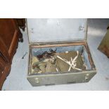 Army tin trunk with contents to include belts, straps, water bottles etc