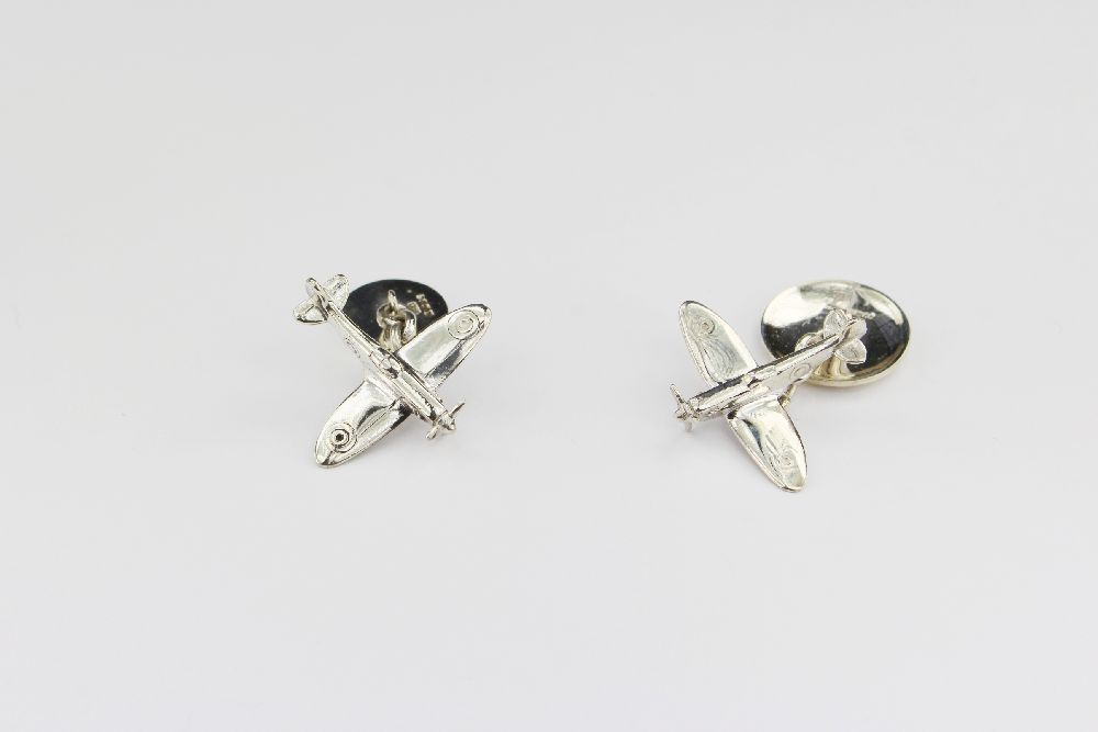 Spitfire cufflinks, chain back and shield in sterling silver London hallmarks