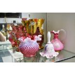 Collection of glass to include Ruby overlay, hand painted vases, jug, bell etc, approx 25cm H and