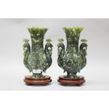 Pair of spinach jade twin handled vases on bases, each approx 27cm H including base (2)