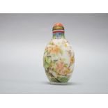 Hand painted white glass decorated with flowers birds butterflies snuff bottle, 7cm H approx