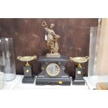 Antique French black slate & spelter figural mantle clock and garnitures, no key, has pendulum (in