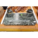 French Art Deco green marble inkstand, approx 34cm W x 17cm D