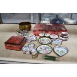 Collection of enamel plates, trinket boxes and others, approx 9cm H and smaller