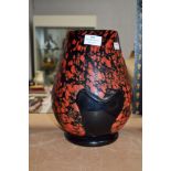 French heavy glass orange speckle and black glass vase, approx 29cm H