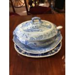 19th. C. Victorian blue and white tureen with stand and another blue and white plate.