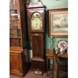 Georgian inlaid mahogany long cased clock with painted arch dial signed by R Goodwill Newbottle.