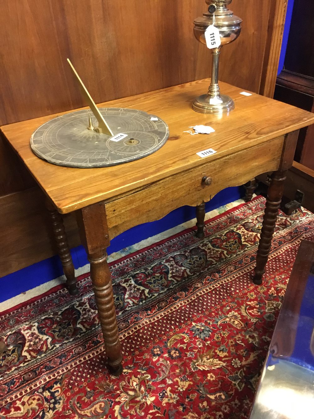 19th C. pine side table with single draw on turned legs.