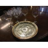 Set of four Tipperary crystal wine glasses, Silver plate tray and cut glass bowl.