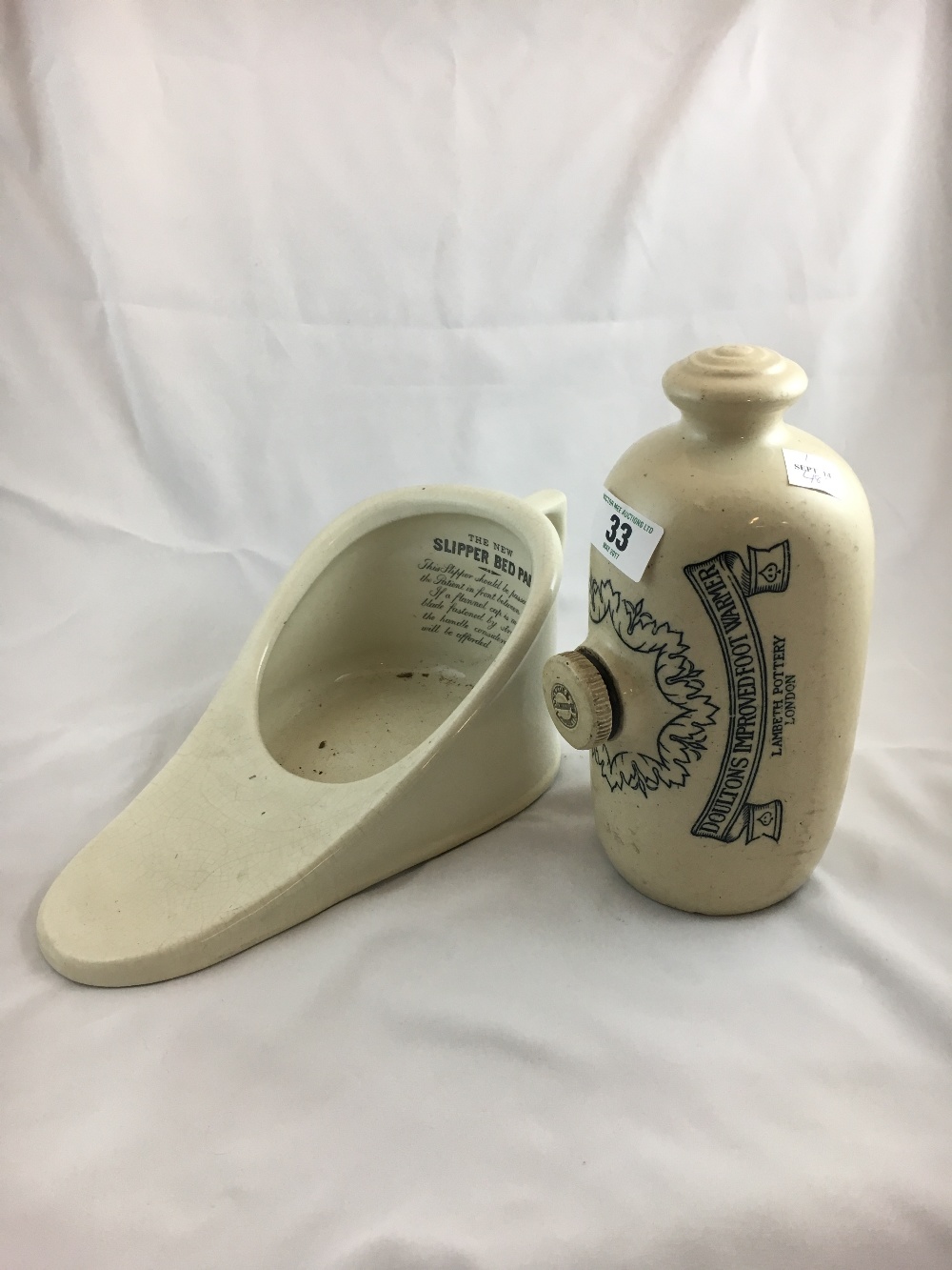 Stoneware bed warmer DOULTONS IMPROVED FOOT WARMER and slipper pan.