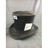 Top hat. The hat is 130 years old and was worn by William Strong born 1850 and died 1919.