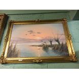 Framed oil on canvas lake scene by G. Brouwer.