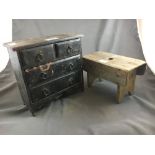 Miniature painted pine chest of drawers and apprentice stool.