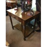 19th C. mahogany side table with single draw on turned legs.