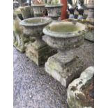 Pair of composition garden urns on pedestals.