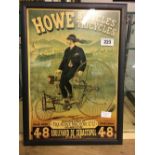 Framed HOWE Bicycles and Tricycles coloured advertising print.