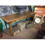 19th. C. elm kitchen table with two drawers in the frieze raised on tapered legs. { 178cm L X 76cm W