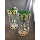 Pair of Victorian opaline anf green glass lustres.