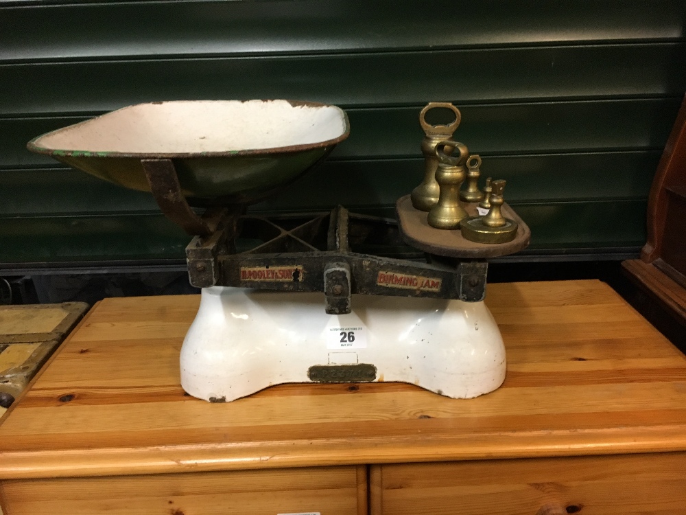 Enamel and wrought iron grocer's scales with original brass weights.