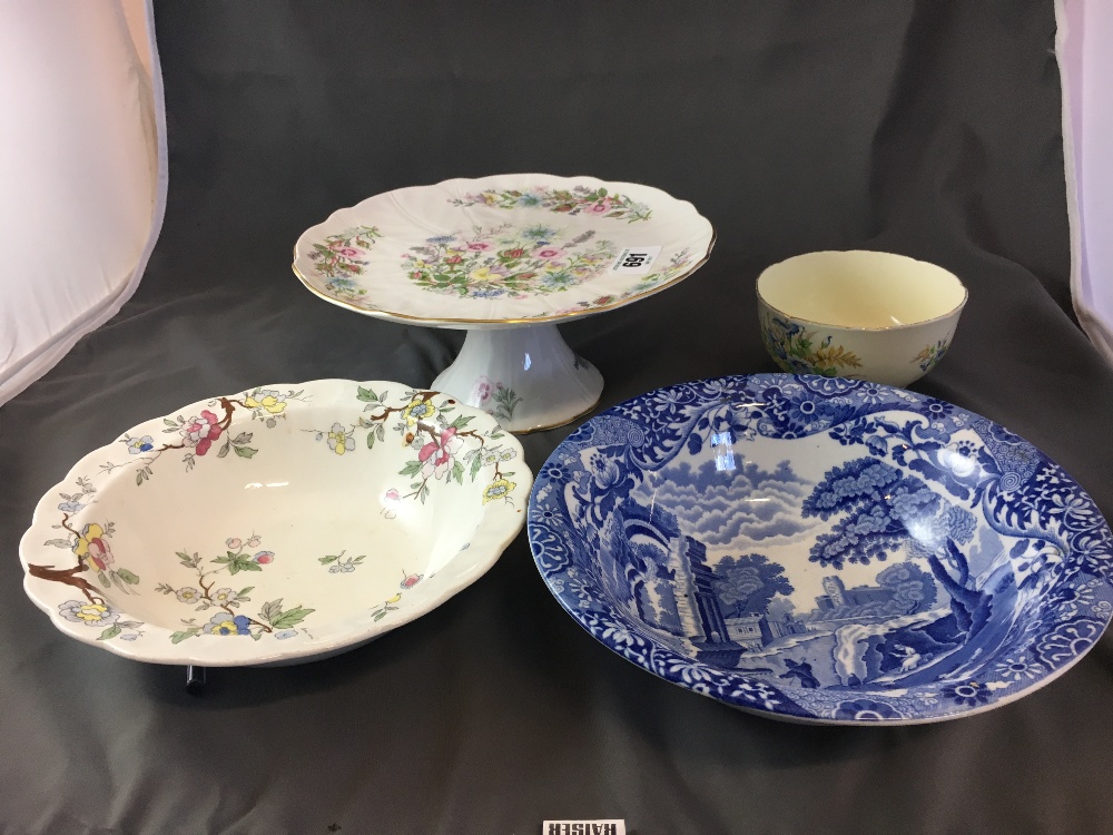 Ceramic AYNSLEY tazza, blue and white bowl and two other floral bowls.