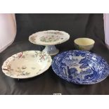 Ceramic AYNSLEY tazza, blue and white bowl and two other floral bowls.