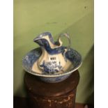 Blue and white jug and basin set.