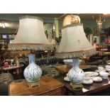 Pair of 19th C. oriental table lamps on gilded brass base.