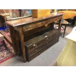 19th C. inlaid oak side table with two draws on tapered legs.