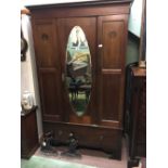 Edwardian mahogany inlaid single mirrored door wardrobe.