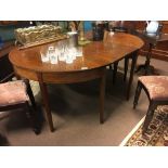 Georgian inlaid mahogany D end dining table with extra leaf.