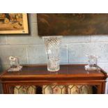 Pair of LOUISE KENNEDY Tipperary crystal candlesticks and a cut glass bowl.