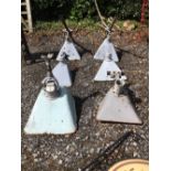Set of six industrial lights with original enamel shades.