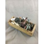 Collection of three fishing reels and cigarette card boxes.