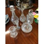 Miscellaneous lot of cut glass decanters, vase etc.