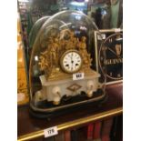 19th. C. gilded brass and onyx mantle clock in glass dome.