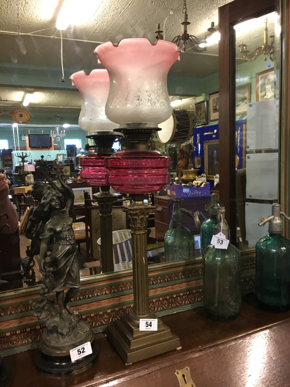 19th C. brass Corinthian columned lamp with original ruby glass bowl and etched shade.