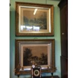 Pair of Oriental black and white prints in original gilt frames.