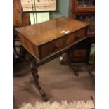 Victorian mahogany writing table with drawer in frieze raised on two carved supports with turned