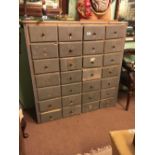 19th. C. painted pine bank of twenty eight drawers . { 124cm H X 121cm W X 40cm D }.