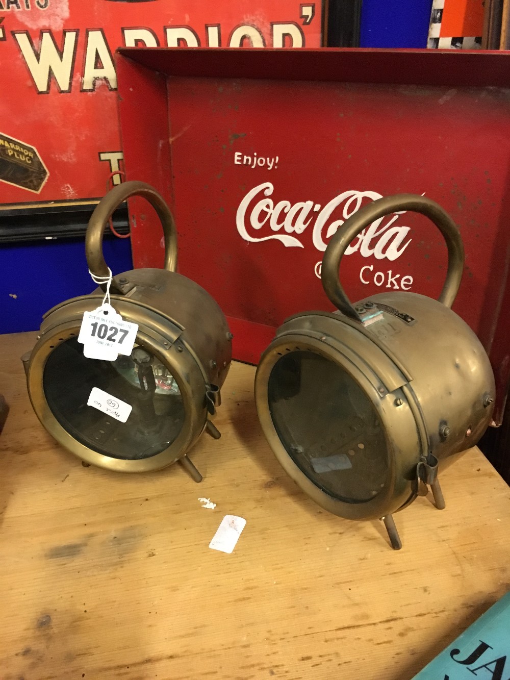 Two 1950's brass theatre lights.