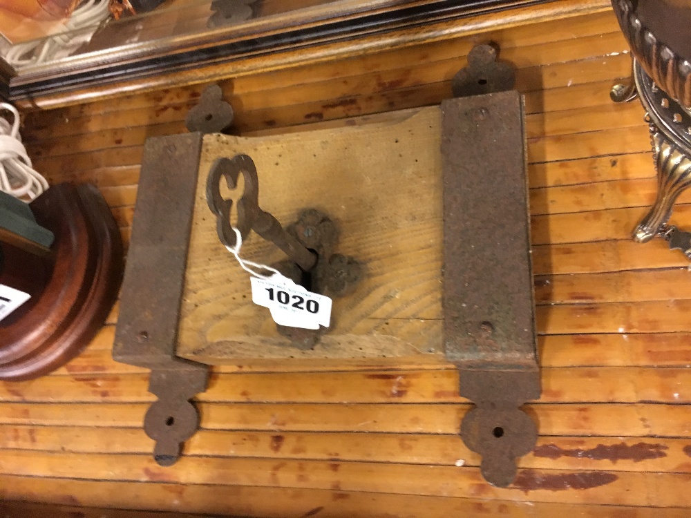 Early 19th.C. wooden and iron door lock with key.