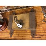 Early 19th.C. wooden and iron door lock with key.